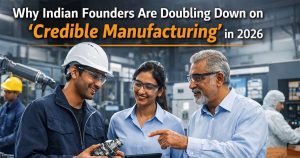 Indian startup founders and engineers working inside a modern smart factory with advanced machinery and robotics, symbolising credible manufacturing in India in 2026.