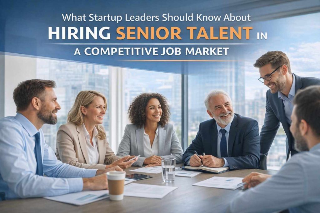 "Three professionals in a modern office conducting an interview, with a man in a suit facing two interviewers, one holding a clipboard and the other using a laptop, discussing senior talent hiring strategies in a bright, sunlit workspace."