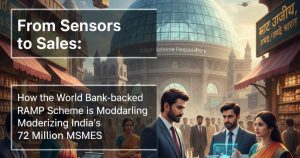 An Indian MSME factory owner uses a digital tablet on a shop floor equipped with modern machinery, symbolizing technology-driven modernization under the RAMP scheme.