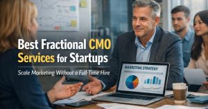 Illustration of a startup founder collaborating with a fractional CMO through digital dashboards showing marketing growth, analytics, and brand strategy in a modern workspace.