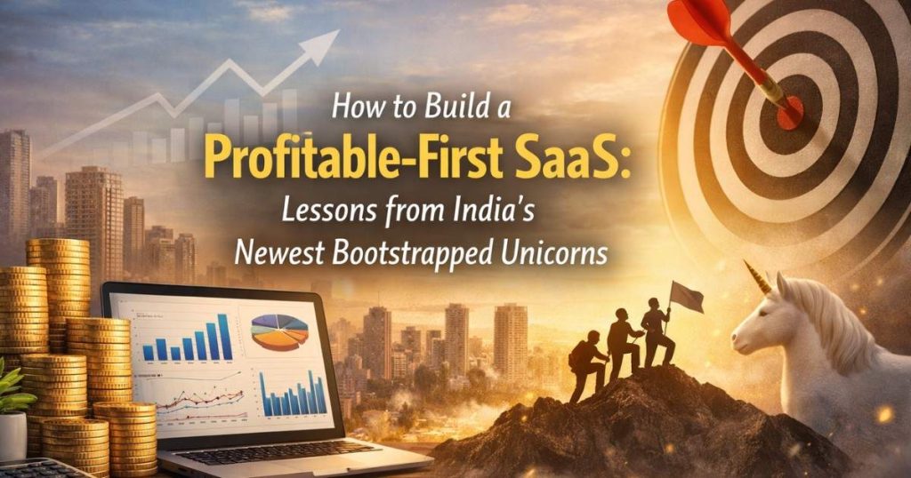 Illustration showing a laptop with rising revenue charts, stacks of coins, a target hit with an arrow, and founders climbing a peak beside a unicorn, symbolizing profitable-first SaaS growth in India.