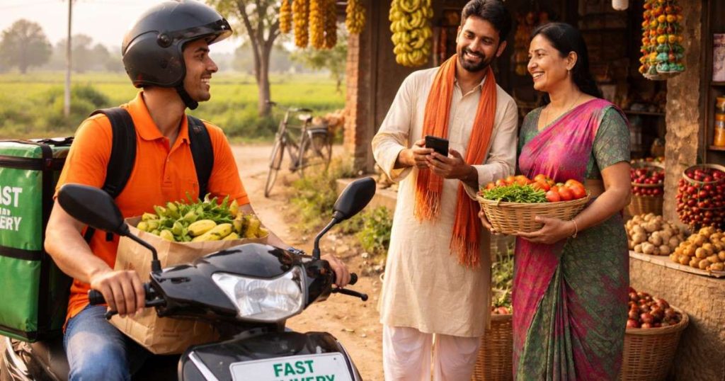 A rural Indian village road with a small delivery vehicle and a two-wheeler rider carrying grocery crates, passing local kirana shops and homes, illustrating the challenges of quick-commerce logistics beyond Tier-1 cities.
