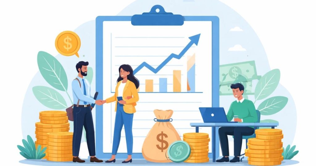Minimal illustration showing founders and investors exchanging shares and capital in a private company setting, with abstract financial symbols and neutral background.