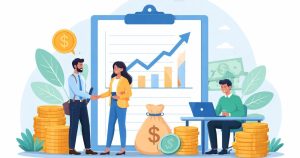 Minimal illustration showing founders and investors exchanging shares and capital in a private company setting, with abstract financial symbols and neutral background.
